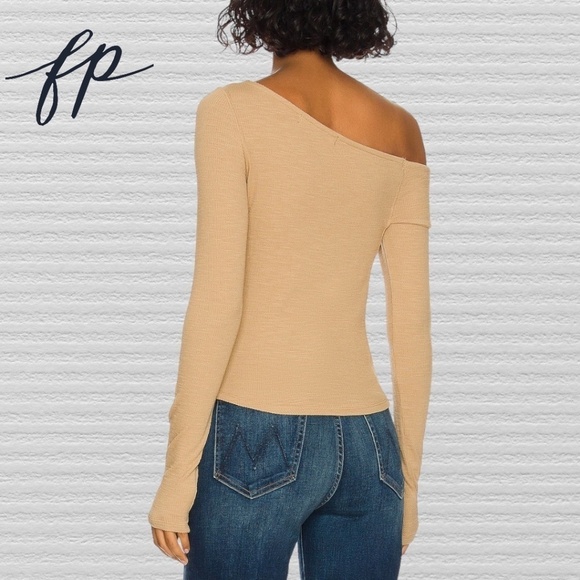 FREE PEOPLE Addie Long Sleeve Asymmetrical Twist Off Shoulder Fitted Top-Lg/NWT - Picture 3 of 9